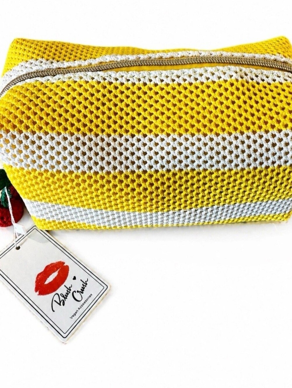 Blush Crush Yellow & White Striped Cosmetic Pouch Cherry Zipper Pull